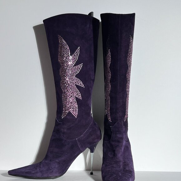 Charles David Purple Suede Pink Swarovski Western Cowboy High Heel Boot Sz 8.5 - Picture 6 of 14